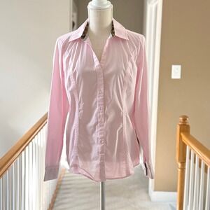 Express The Essential Shirt Womens L Pink Leopard Trim Long Sleeve Button Down